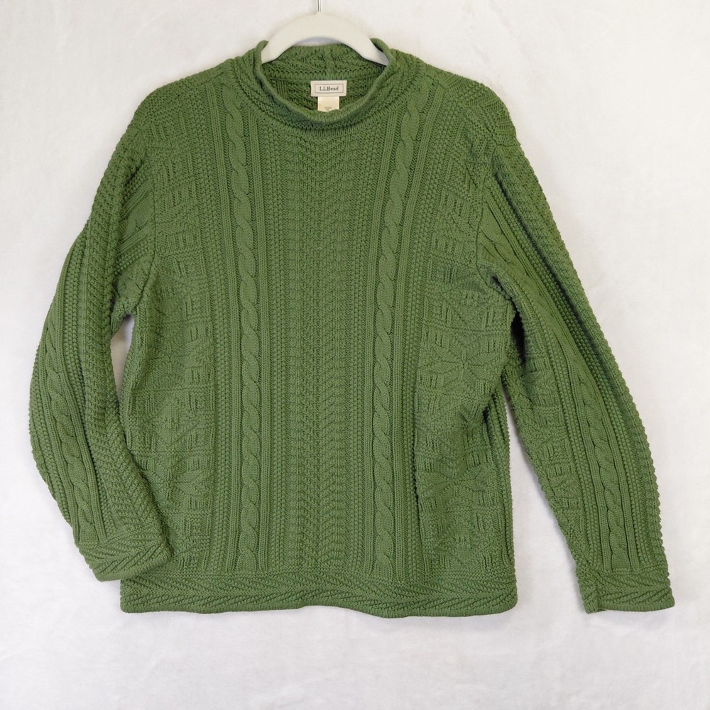 LL Bean Vintage Green 100% Cotton Cable Knit Mock Neck Sweater Womens Medium